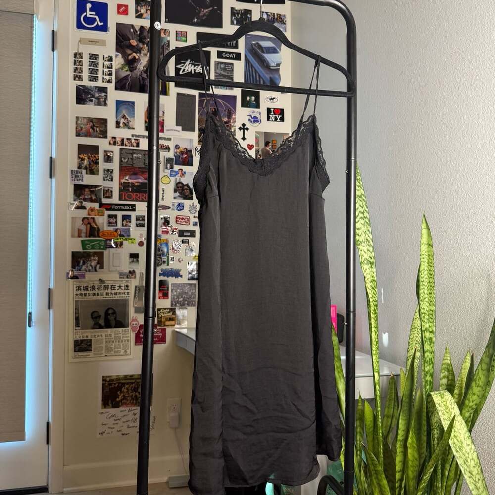 Be Cool Los Angeles Black Lace Trim Satin Slip Dress